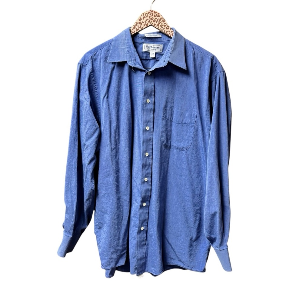 Burberrys Mens Long Sleeve Button Up Collared Cotton Dress Shirt 17.5 36 Blue